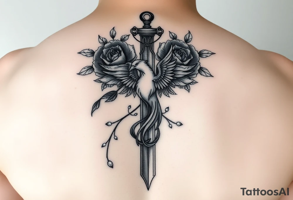 Cross sword darkened in with roses pearls and a phoenix rising from the ashes feminine but powerful the phoenix is not the main attraction the cross is tattoo idea