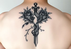 Cross sword darkened in with roses pearls and a phoenix rising from the ashes feminine but powerful the phoenix is not the main attraction the cross is tattoo idea