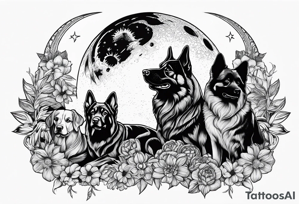 Blacked out dogs under moon tattoo idea