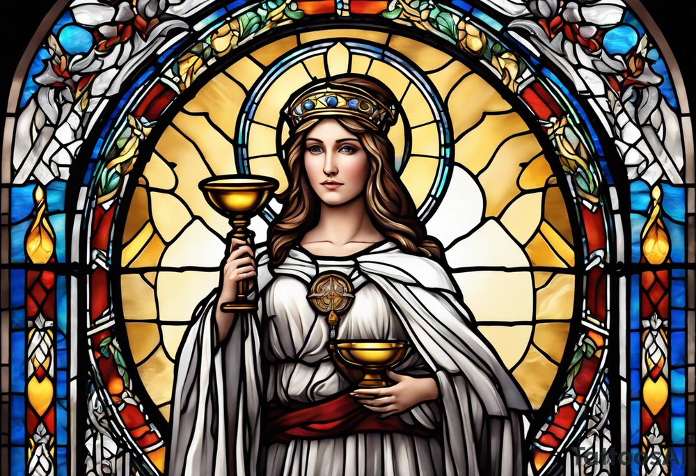 holy saint woman with halo stained glass holding a chalice with artillery tattoo idea