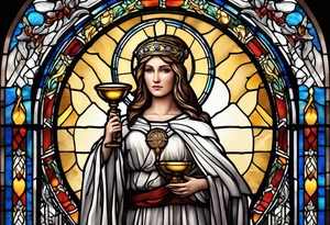 holy saint woman with halo stained glass holding a chalice with artillery tattoo idea