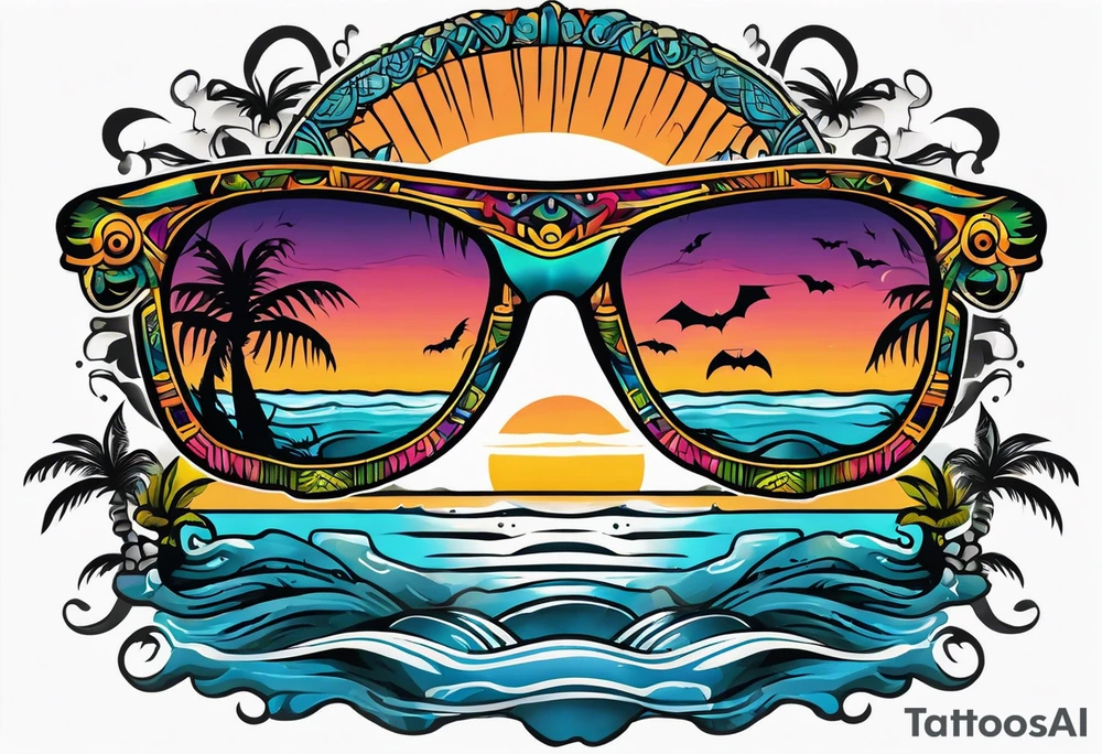 Colorful Mayan sunglasses reflecting water and bats tattoo idea