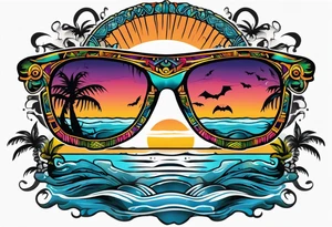 Colorful Mayan sunglasses reflecting water and bats tattoo idea