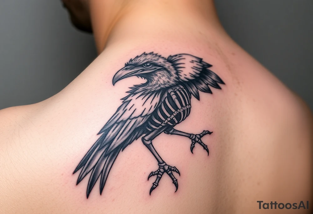 Powerful mythical creature that is half raven skeleton half peackock tattoo idea