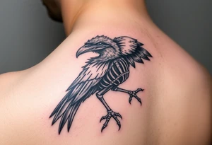 Powerful mythical creature that is half raven skeleton half peackock tattoo idea