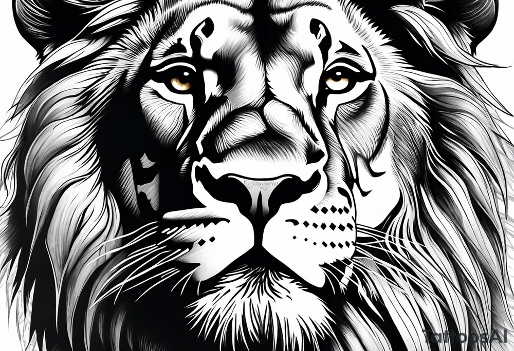 Front facing Powerful lion up close with nature in background tattoo idea Front facing Powerful lion up close with nature in background tattoo idea