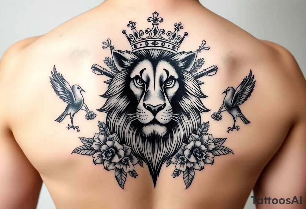 powerful majestic lion with a crown, surrounded by floral ornaments and birds tattoo idea