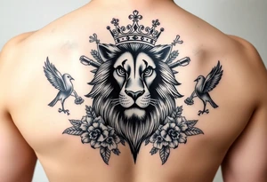 powerful majestic lion with a crown, surrounded by floral ornaments and birds tattoo idea