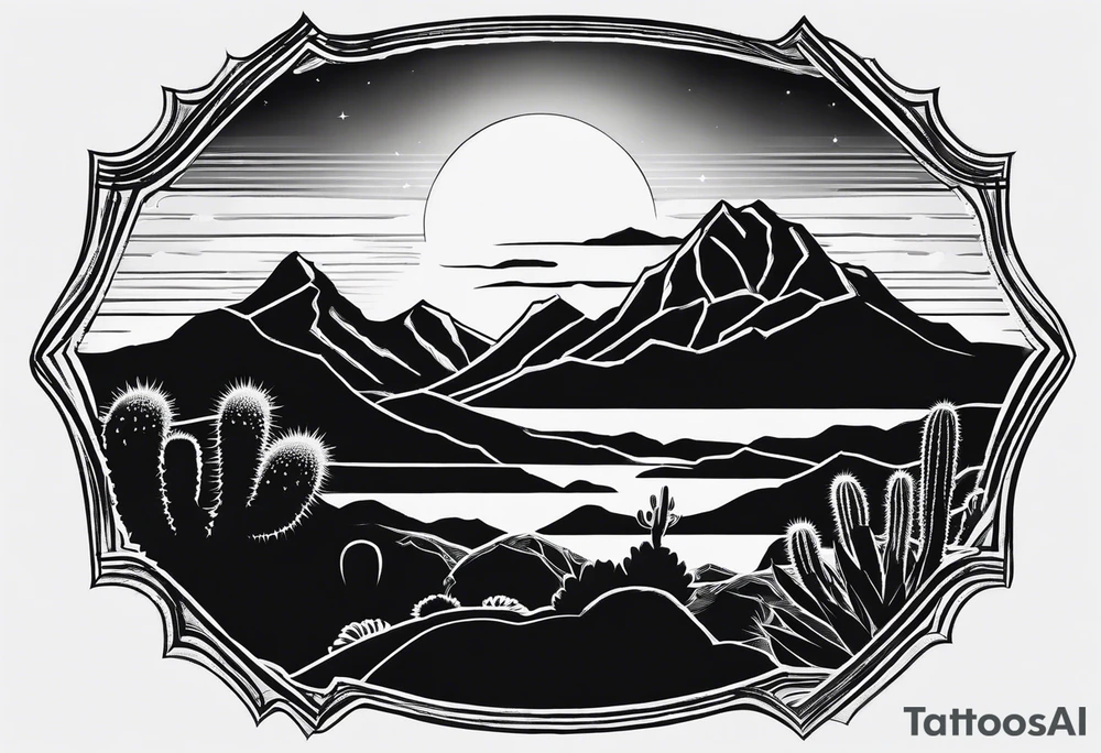 Mountains, cactus, silhouette of man and woman tattoo idea