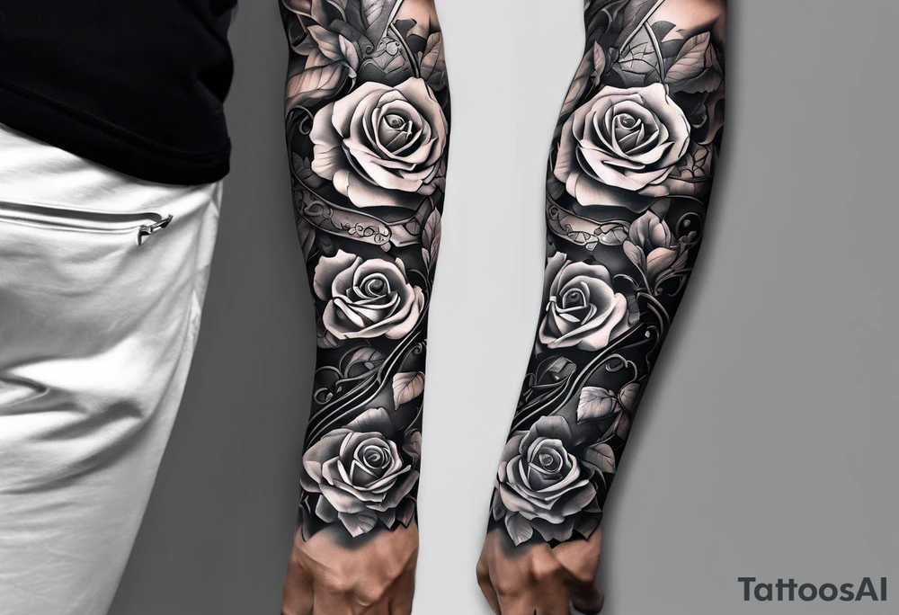 biomechanical arm sleeve with vines and a couple of roses tattoo idea