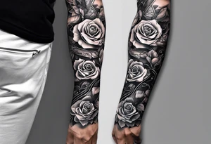 biomechanical arm sleeve with vines and a couple of roses tattoo idea