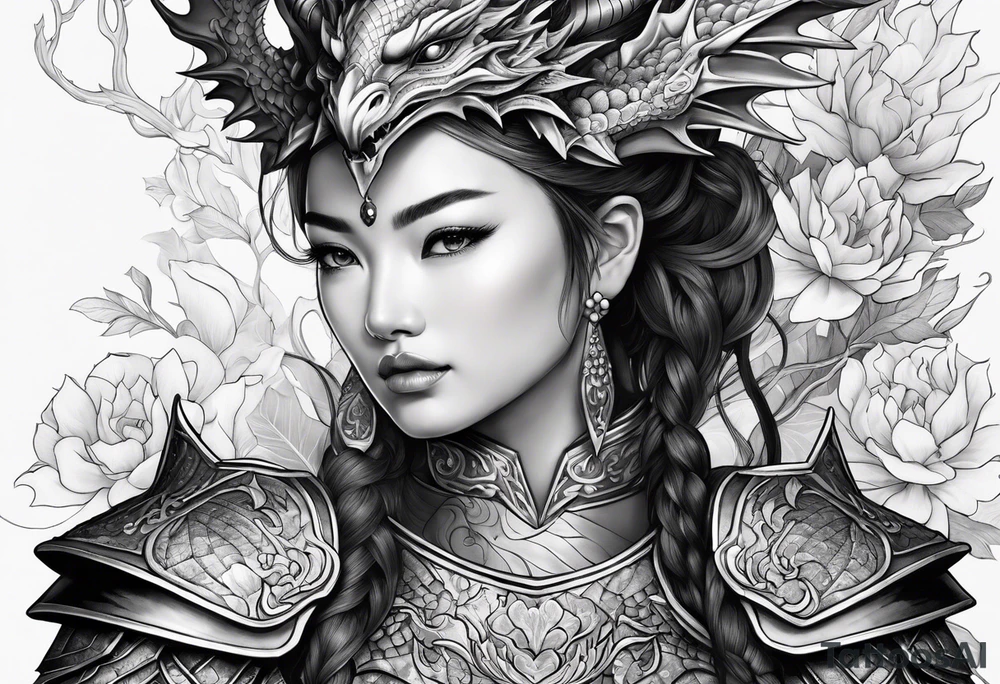 beautiful warrior woman wearing dragon armor and a floral background and a dragon a full picture tattoo idea
