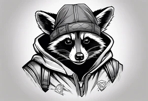 raccoon wearing a Superman hoodie with classic Superman logo tattoo idea