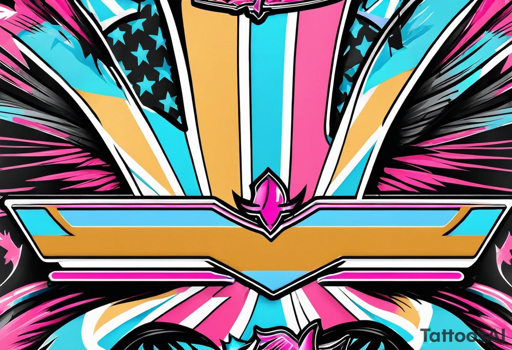 Formula 1 Helment with the Miami logo a palm tree and pink black and light blue colors tattoo idea