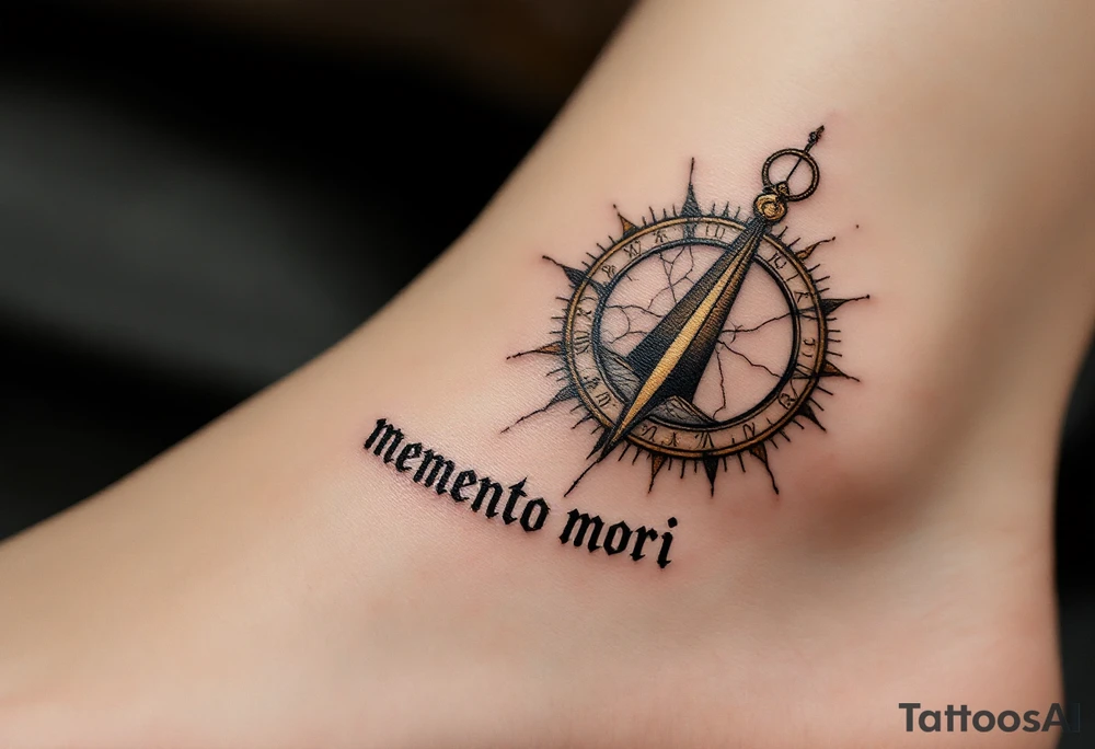 A cracked sundial in old bronze hues, casting a shadow over the words "memento mori" in distressed serif type. tattoo idea