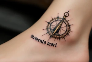 A cracked sundial in old bronze hues, casting a shadow over the words "memento mori" in distressed serif type. tattoo idea