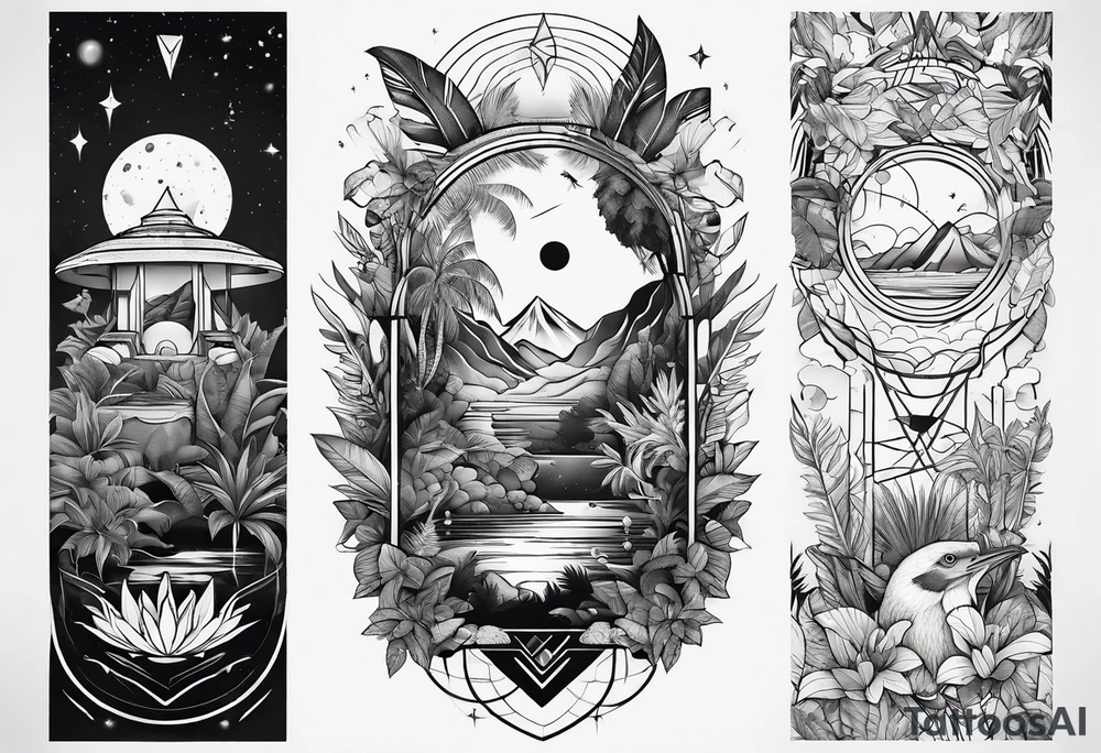 abstract line of jungle and space tattoo idea