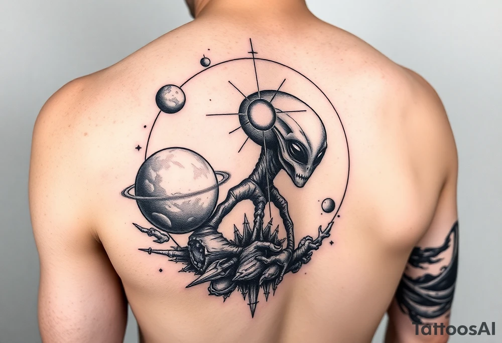 Lower arm sleeve, outer space, planets, geometry, string theory, alien on fore arm tattoo idea