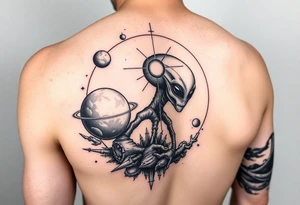 Lower arm sleeve, outer space, planets, geometry, string theory, alien on fore arm tattoo idea