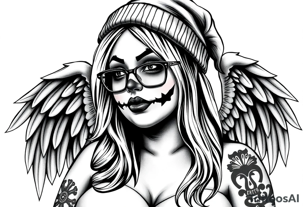 Chicana BBL fat sexy chunky plus size beautiful long hair clown makeup angel wings thug beanie eyeglasses tattoo idea