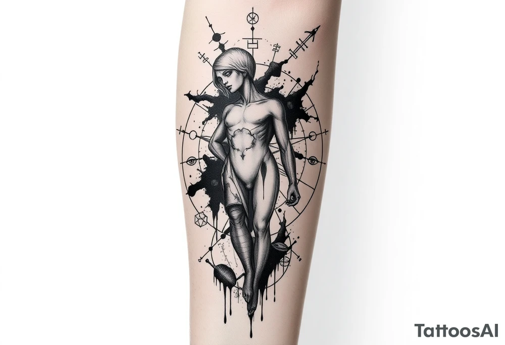 Vertical forearm tattoo design, tall and narrow composition fitting the shape of the forearm, dark surrealism and mythological symbolism. Fragmented human statue or abstract humanoid shape, partially dissolving into black ink splashes, smoke, and geometric lines. Surrounded by sacred geometry circles, occult and alchemical symbols, surreal dripping eyes, fine composition lines, and abstract fragments. Fine line tattoo style mixed with etching and engraving texture, high contrast, clean outlines, minimal background. Designed for forearm placement and easy extension into a full sleeve. No bodybuilding aesthetic, no fitness-style anatomy, focus on surreal atmosphere, mysterious symbolism, and artistic detail. tattoo idea