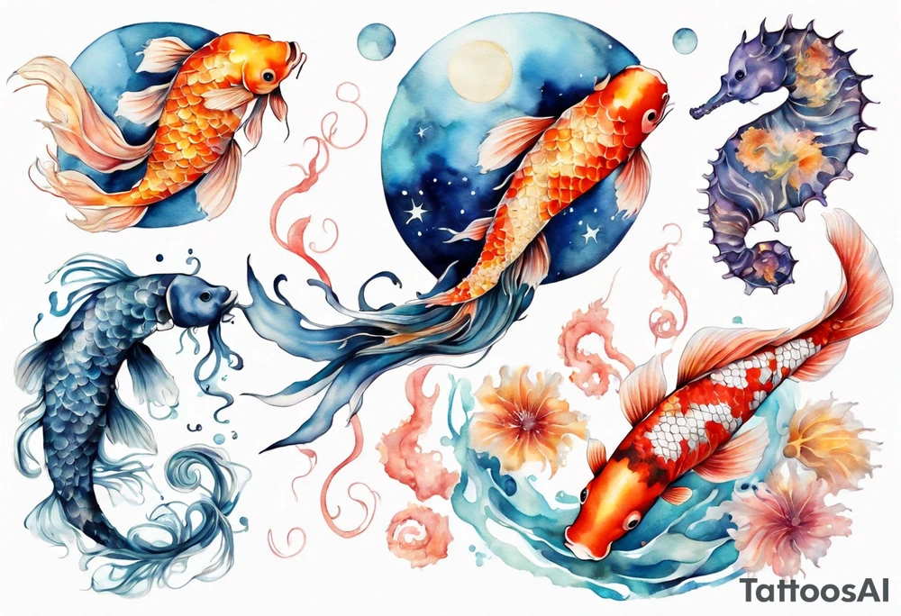 koi carp, jellyfish and a seahorse with the moon together tattoo idea