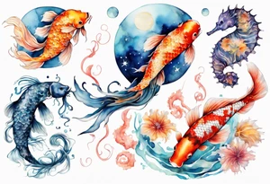 koi carp, jellyfish and a seahorse with the moon together tattoo idea