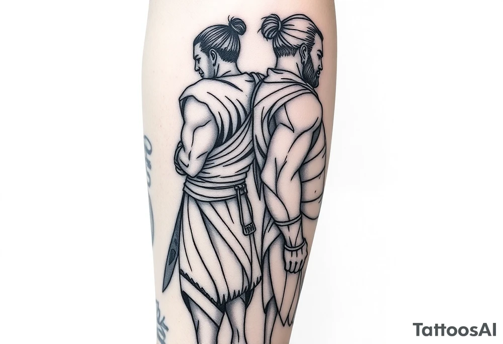 Warrior and Peaceful man standing back to back tattoo idea