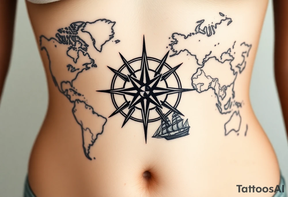 antique compass rose overlaid on weathered world map with sailing ships tattoo idea