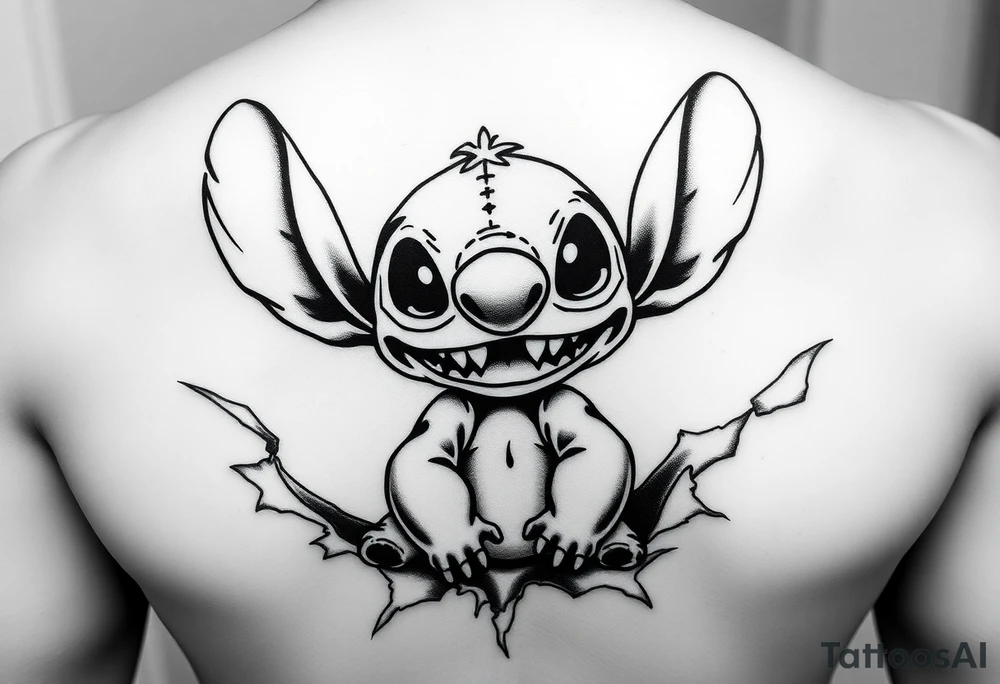 Black and white tattoo stencil design of Stitch reimagined in a creepy stitched doll style, inspired by gothic ragdoll aesthetics. Stitch has exaggerated eyes, stitched mouth, uneven seams, slightly hunched posture, and sharp teeth. His expression is mischievous but eerie.
The design is framed inside a torn skin effect, with ripped flesh edges surrounding the character. The torn edges are jagged, organic, and flowing outward like ripped paper or claw marks. Skin tears reveal Stitch underneath as if breaking through the body.. tattoo idea