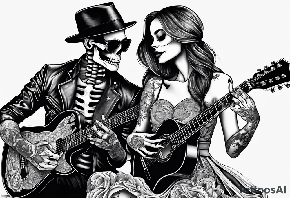 a male skeleton playing guitar while a female skeleton listens tattoo idea