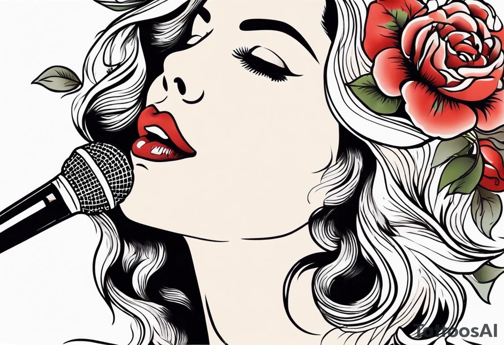 lips singing old school vintage traditional
flowers around and mouth next to microphone tattoo idea