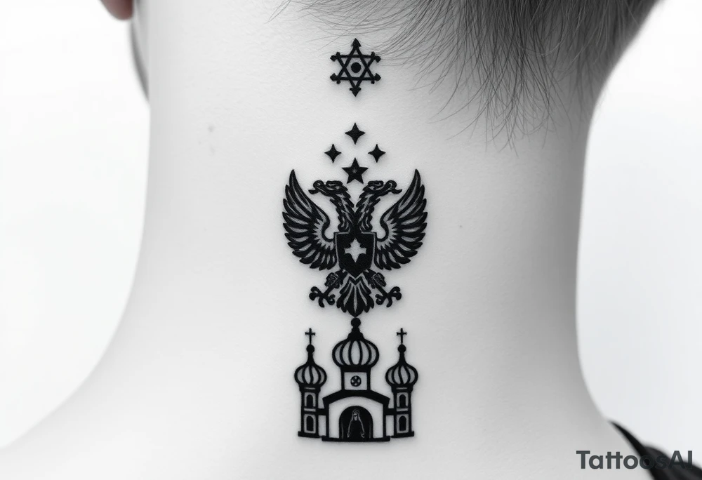 Stacked Vertical Column 

Russian star — small, bold
Middle: Miniature double-headed eagle — simplified, cleaner lines to suit the smaller space
Bottom: Orthodox church dome(s) with a small Virgin Mary silhouette beneath tattoo idea