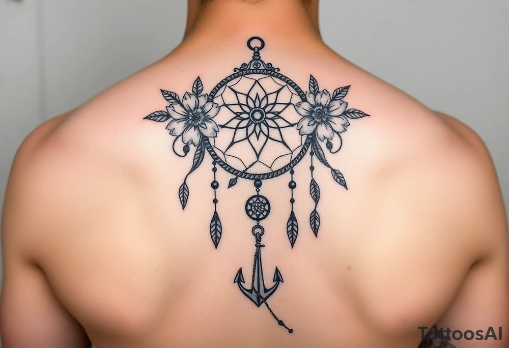 Boho dream catcher with compass and anchor Beautiful flowers and an ornamental chandelier like look tattoo idea