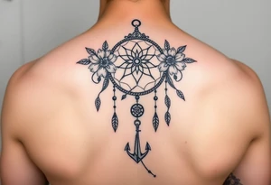 Boho dream catcher with compass and anchor Beautiful flowers and an ornamental chandelier like look tattoo idea