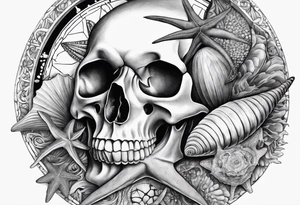 Compass, shells, shark teeth, starfish, oyster with pearl, skull tattoo idea