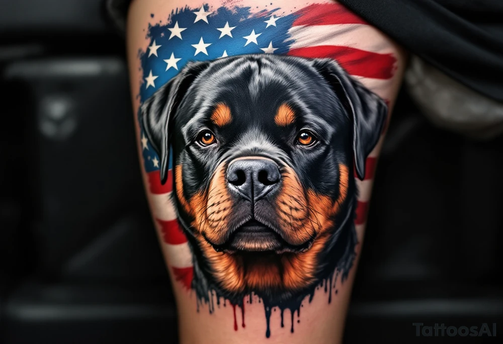 Rottweiler and American Flag – A patriotic Rottweiler with the American flag draped behind it in faded red, white, and blue. Use black and grey fur with selective color. tattoo idea
