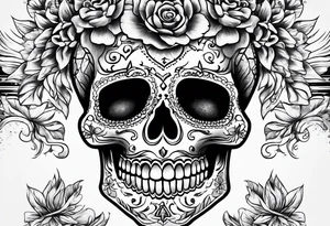 sugar skull with exposed brain on fire tattoo idea