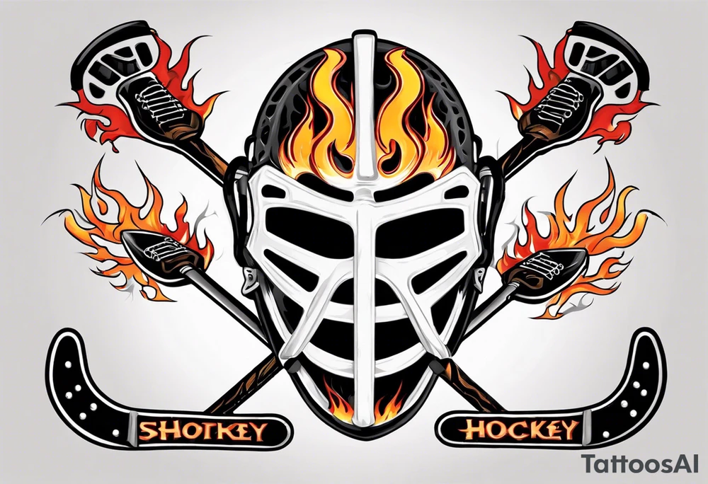 goalie mask with crossed hockey sticks and flames that says "SHOT HOCKEY" tattoo idea