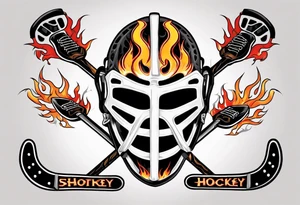 goalie mask with crossed hockey sticks and flames that says "SHOT HOCKEY" tattoo idea