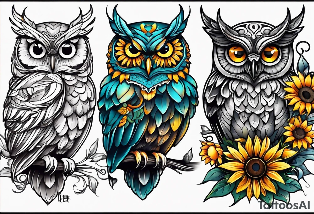 Small owl with butterfly and sunflower leg sleeve tattoo idea