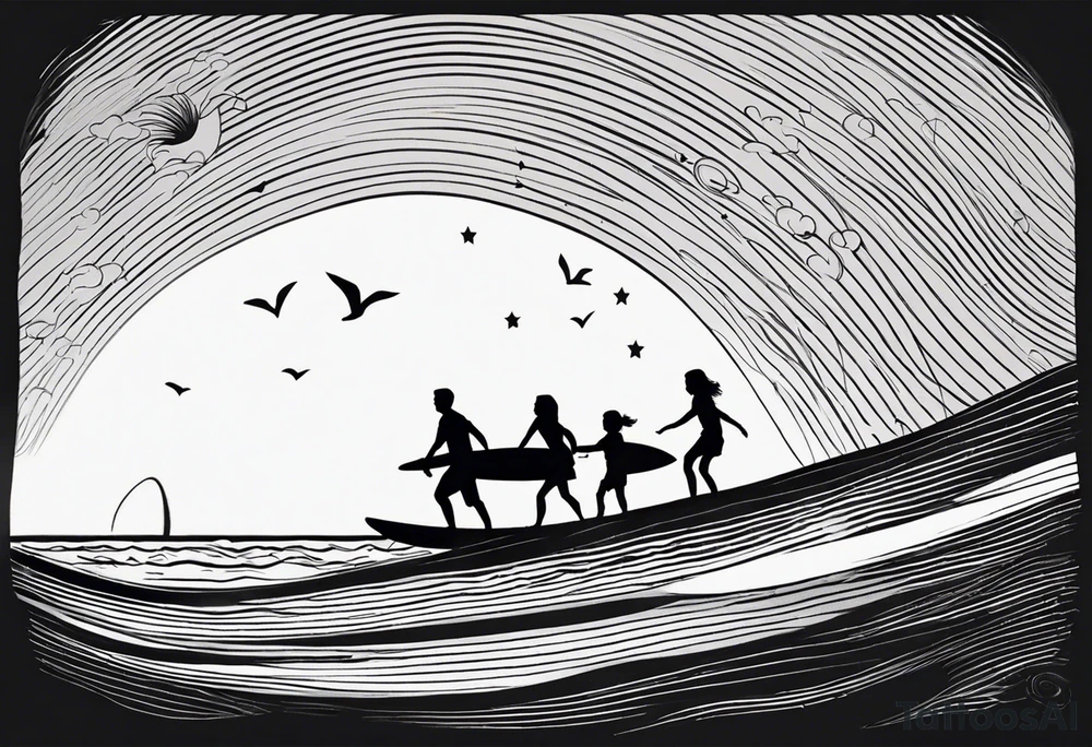 Black and white Line work tattoo depicting a father surfing with his two daughters.  The sunset and horizon have musical notes. tattoo idea