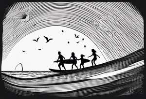 Black and white Line work tattoo depicting a father surfing with his two daughters.  The sunset and horizon have musical notes. tattoo idea