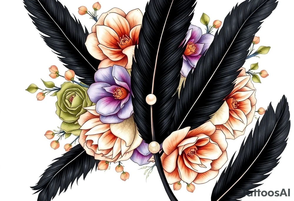 A wedding bouquet of olive green , lavender , rose gold and cream flowers surrounded by black feathers with a single pearl along the spine of the feather tattoo idea