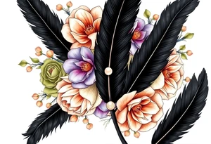 A wedding bouquet of olive green , lavender , rose gold and cream flowers surrounded by black feathers with a single pearl along the spine of the feather tattoo idea