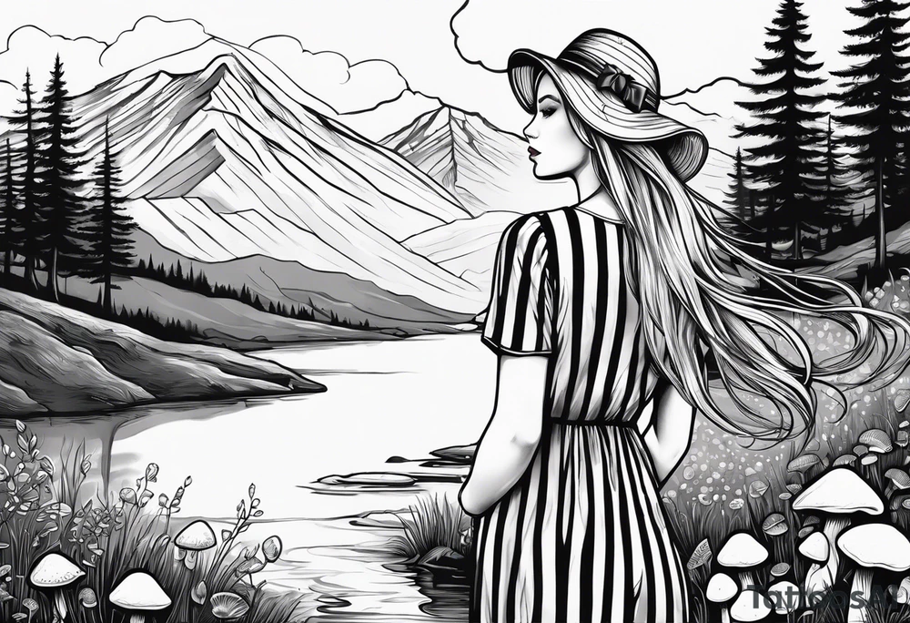 Straight long blonde hair girl in distance holding mushrooms in hand facing away toward mountains and creek surrounded by mushrooms black and white striped dress tattoo idea