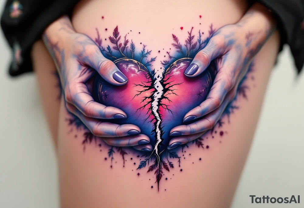 A heart being torn apart by two hands, colored in deep purples and blues, symbolizing heartbreak and struggle. tattoo idea