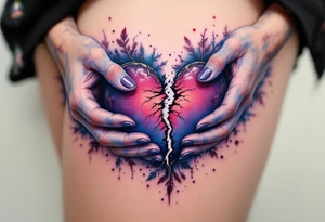 A heart being torn apart by two hands, colored in deep purples and blues, symbolizing heartbreak and struggle. tattoo idea