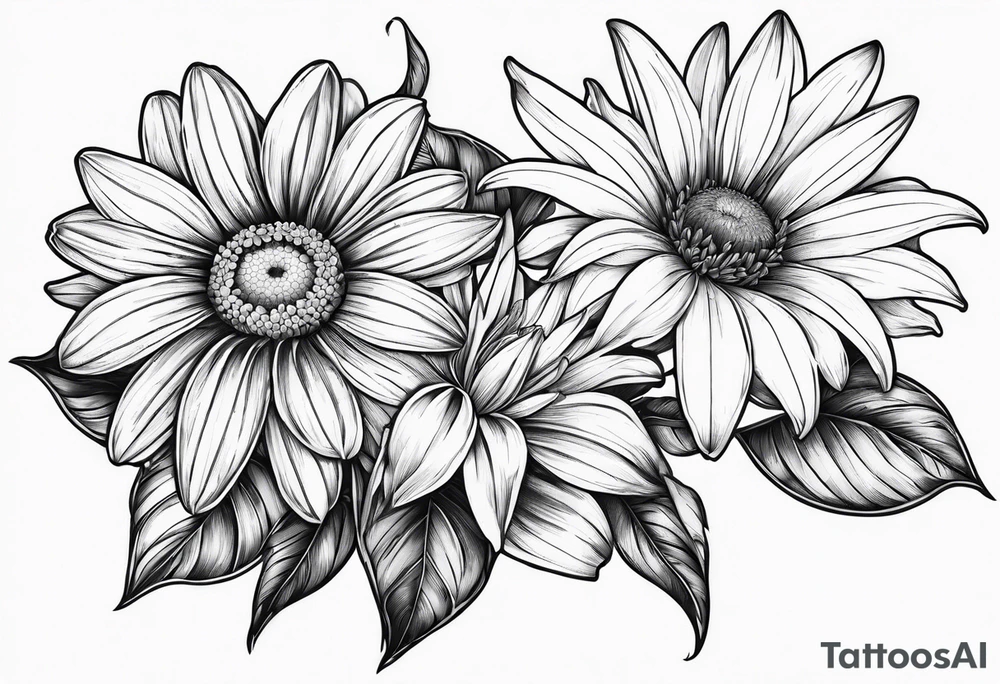 Large daisy flower and lily flower no stem few leaves around them tattoo idea