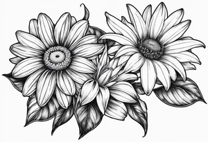 Large daisy flower and lily flower no stem few leaves around them tattoo idea